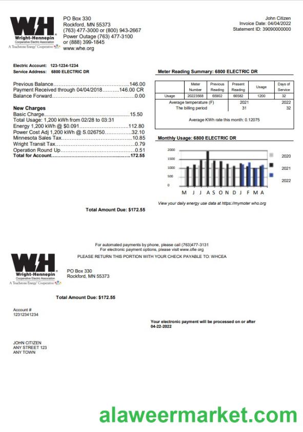 USA Minnesota Wright-Hennepin utility bill template in Word and PDF format